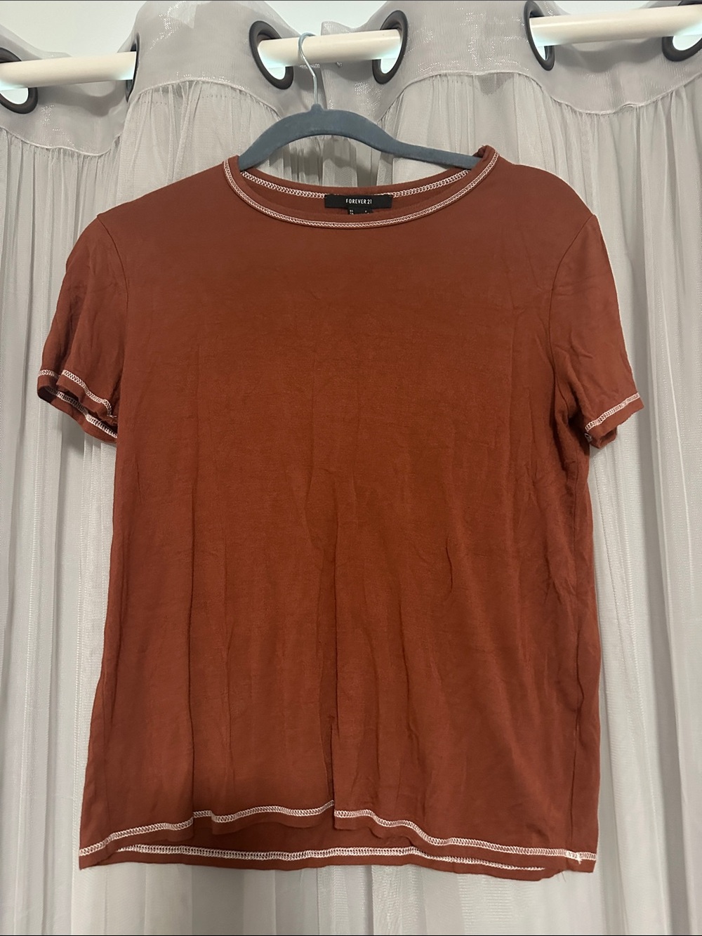 Forever 21 Men's Rust Orange Short Sleeve Crew Tee with Contrast Stitching